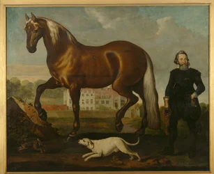 Um cavalo de baía com vista da Abadia de Welbeck - Frente Oeste, c.1630